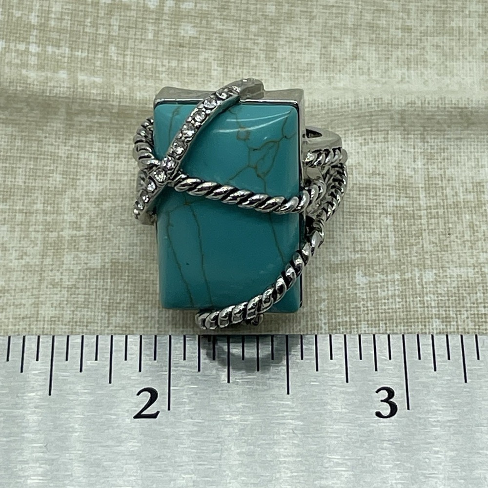 Western Boho Faux Turquoise Ring Size 8 Silver Tone Southwest Nautical Festival - Picture 7 of 9